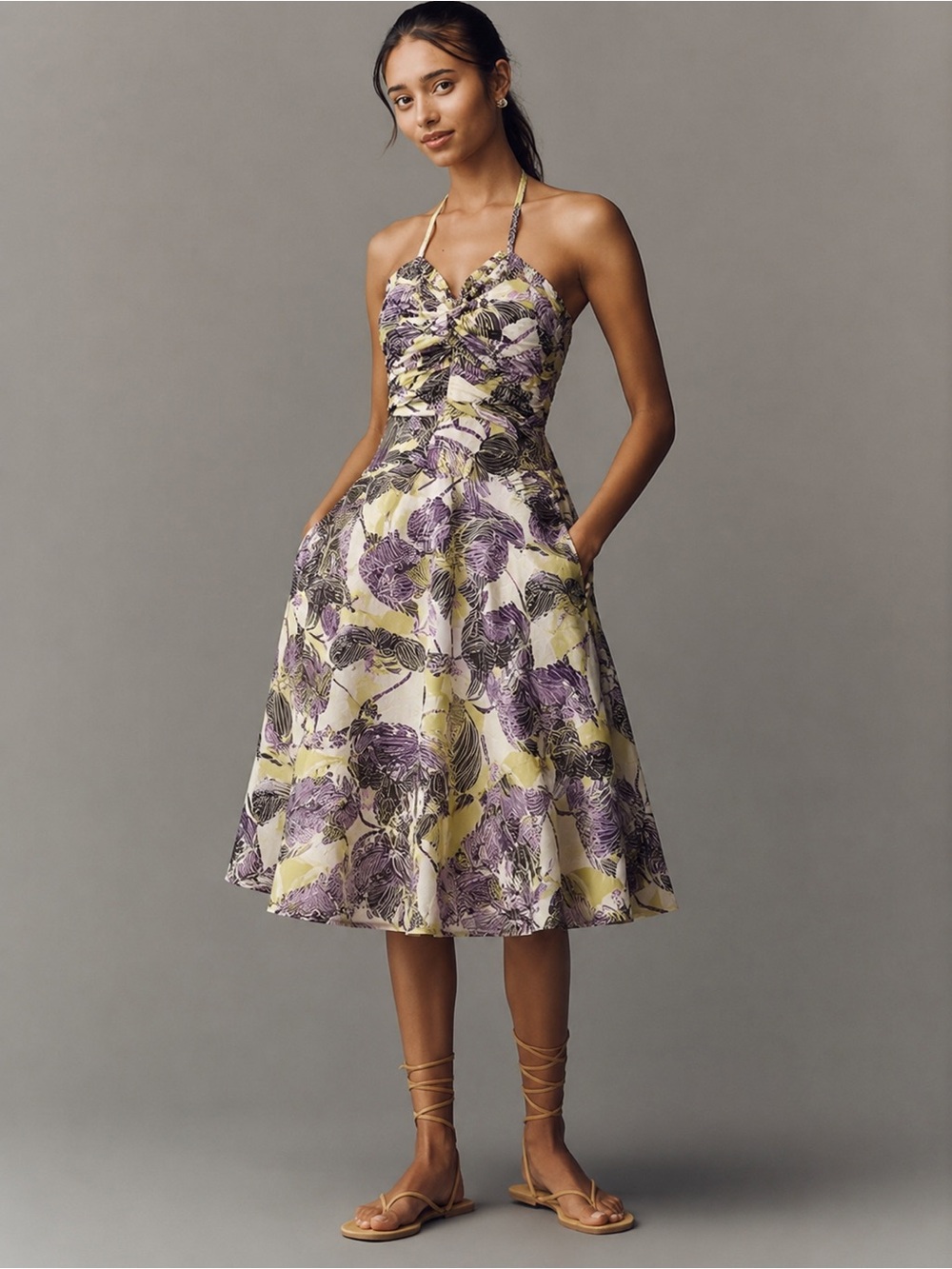 Anthropologie Lithe Floral Ruffle Halter Midi Dress Purple Yellow Size 2